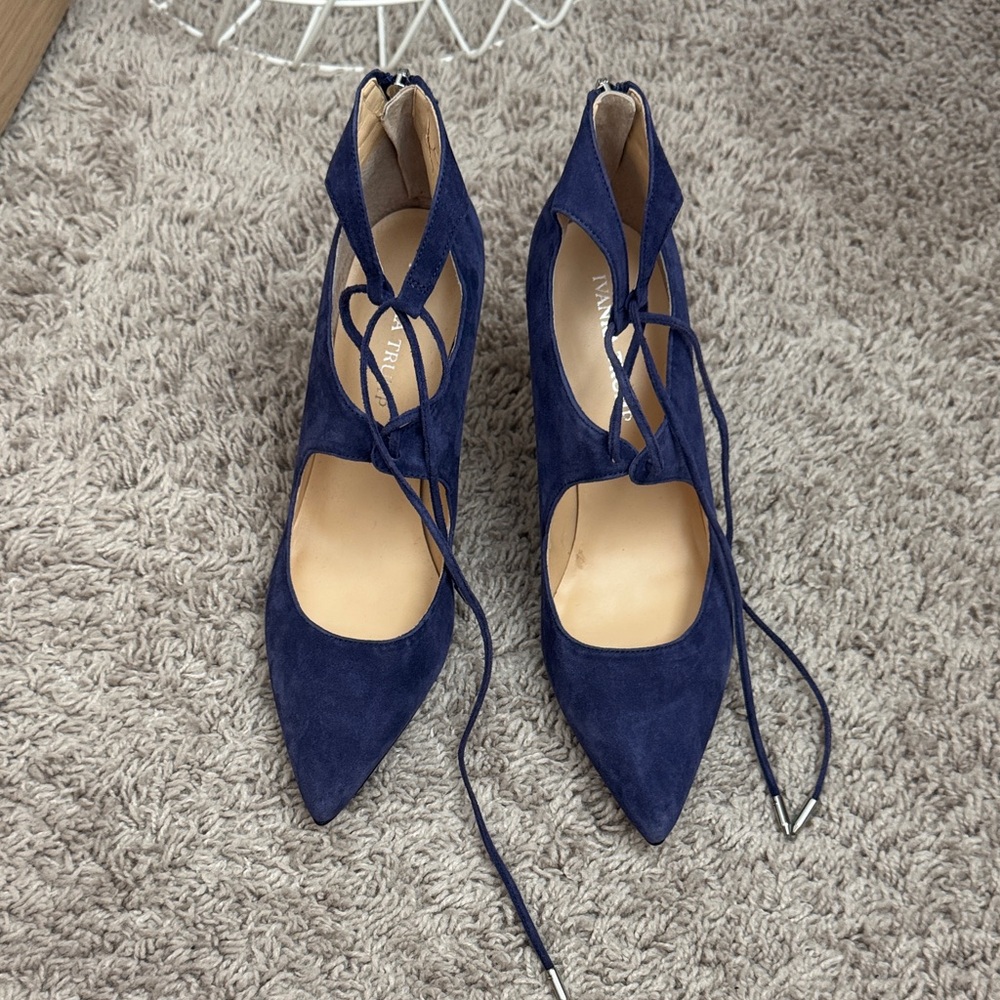 Navy Suede Lace-Up Pointed Toe Heels